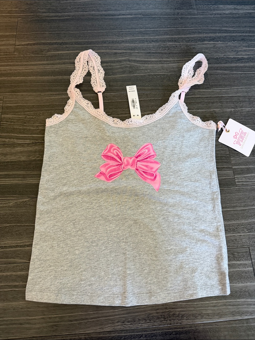 PINK Victoria's Secret x LoveShackFancy Grey Camisole with Pink Bow